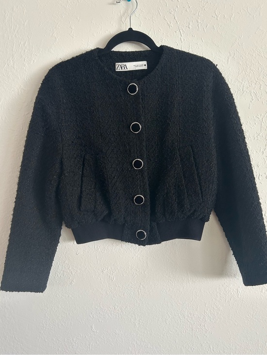 Zara Jackets & Blazers - Whimsigoth Coquette Tweed Bomber Jacket Zara Black Textured Jewel Button Crop S